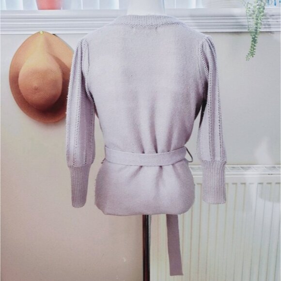Vintage Y2K Costa Blanca Tie Waist Puff Sleeve Cardigan- Light Taupe/Lilac- XS - Picture 3 of 16